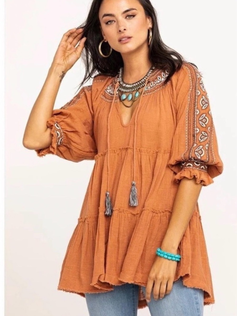 Free People Dreamweaver Embroidered Rust Peasant Tunic Top - Women - Picture 3 of 7